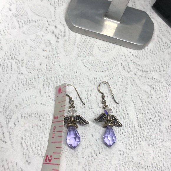 PURPLE glass crystal angel dangle drop earrings with sterling silver 925 hooks. - Picture 2 of 3
